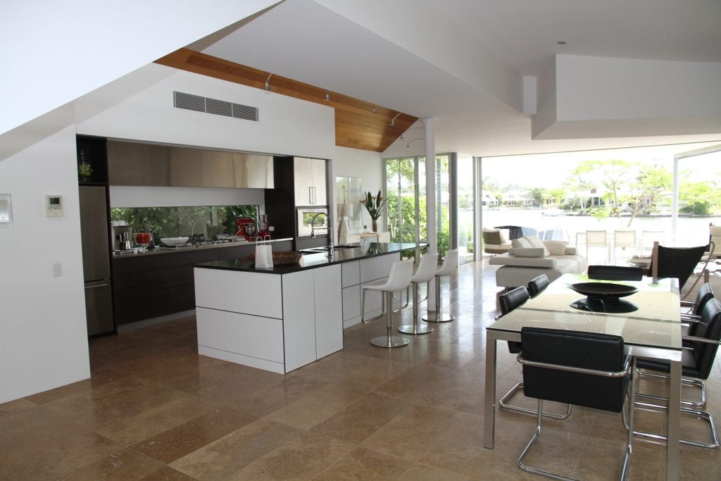 white counters on brown flooring